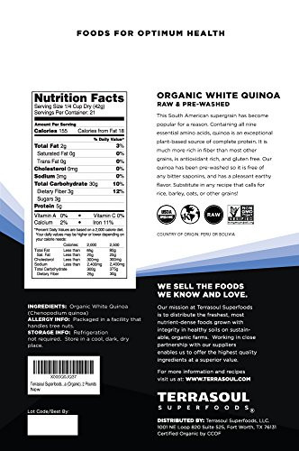 Terrasoul Superfoods Organic White Quinoa 4 Lbs Whole Grain Pre Washed Gluten Free Plant Protein Fiber