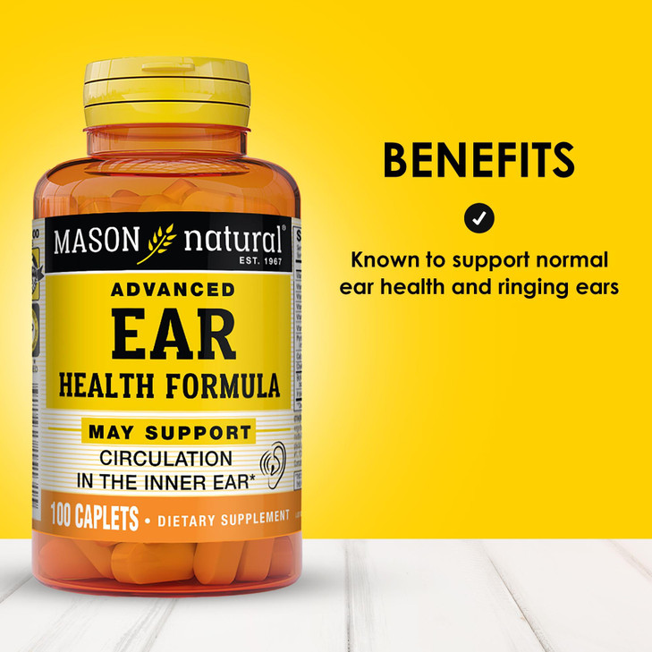 MASON NATURAL Advanced Ear Health, 33 Day Supply, Supports Normal Circulation in The Inner Ear & Ringing, 100 Caplets