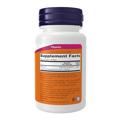 NOW Foods Supplements, Vitamin D-3 5,000 IU, High Potency, Structural Support*, 240 Softgels