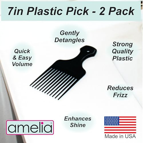 Amelia Beauty 7In Black Curly Hair Wide Tooth Pick 2 Pack Made In Usa Easily Creates Volume Detangles Reduces Frizz Afro Pick Styling Tool 7