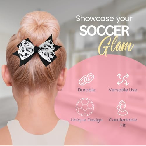Sportybella Soccer Hair Accessories Set Adorable Black And White Soccer Ball Prints Hair Bows Ponytail Holders Gift For Girls Soccer