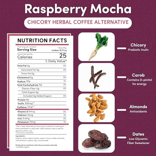 Teeccino Raspberry Mocha Chicory Coffee Alternative 11 Ounce Ground Herbal Coffee That S Prebiotic Caffeine Free And Acid Free Dark Roast