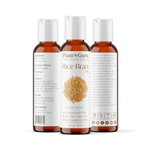 Plant Guru Rice Bran Oil 2 Fl. Oz. 100 Percent Pure And Natural Carrier Oil For Skin Face Body And Hair Moisturizing.