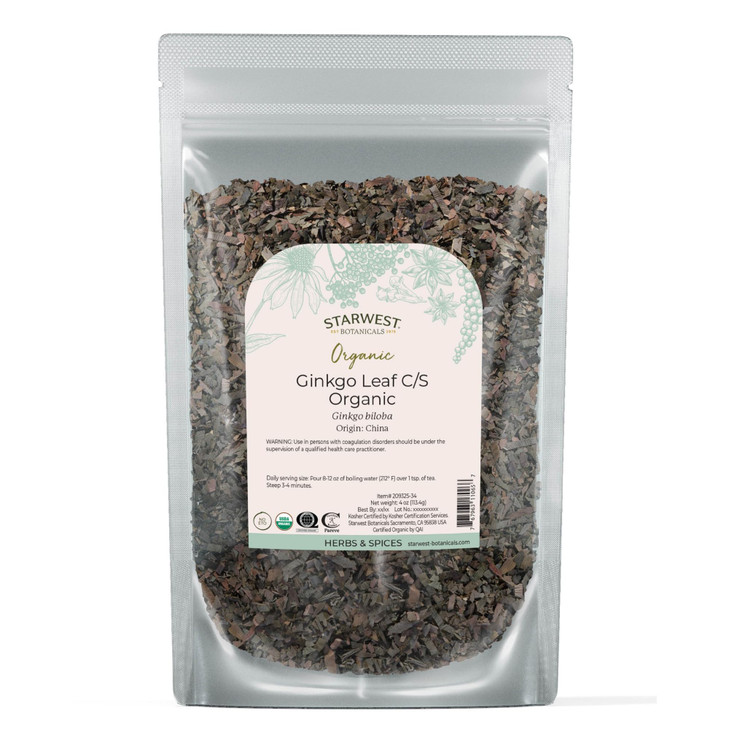 Starwest Botanicals Organic Ginkgo Leaf - Ginkgo Biloba, Dried Loose Leaf Herb for Tea, Capsules, & Herbal Blends, Cut & Sifted, Certified Kosher, No