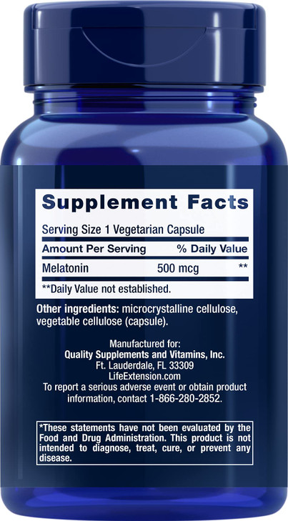 Life Extension Melatonin, 500 mcg  Gently Promotes Sleep, Low Dose, Value Size  Non-GMO, Gluten-Free, Vegetarian  200 Capsules
