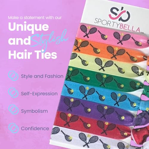 Multi Colored Tennis Hair Ties For Girls No Crease Elastics With Tennis Racket Design Ponytail Ties For Tennis Players 8 Pcs By Sportybella
