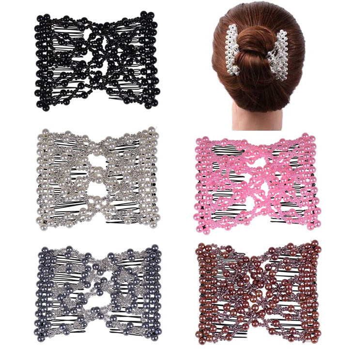 Ruihfas 5Pcs Easy Stretch Beaded Hair Combs Double Magic Slide Metal Comb Clip Hairpins For Women Hair Styling
