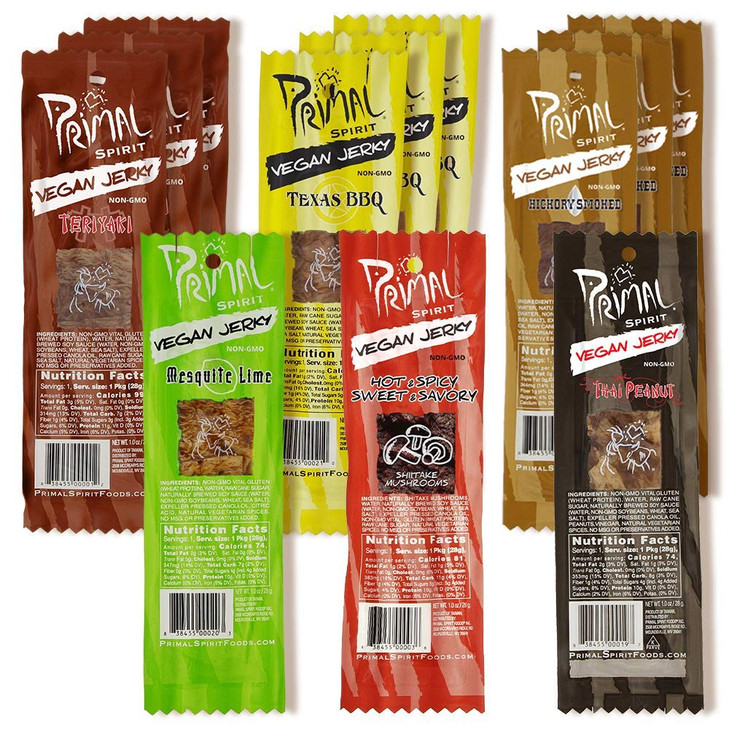 Primal Spirit Vegan Jerky Most Popular Flavors Pack 10 G. Plant Based Protein The Classics 3 Teriyaki 3 Hickory Smoked 3 Texas Bbq 1 Thai