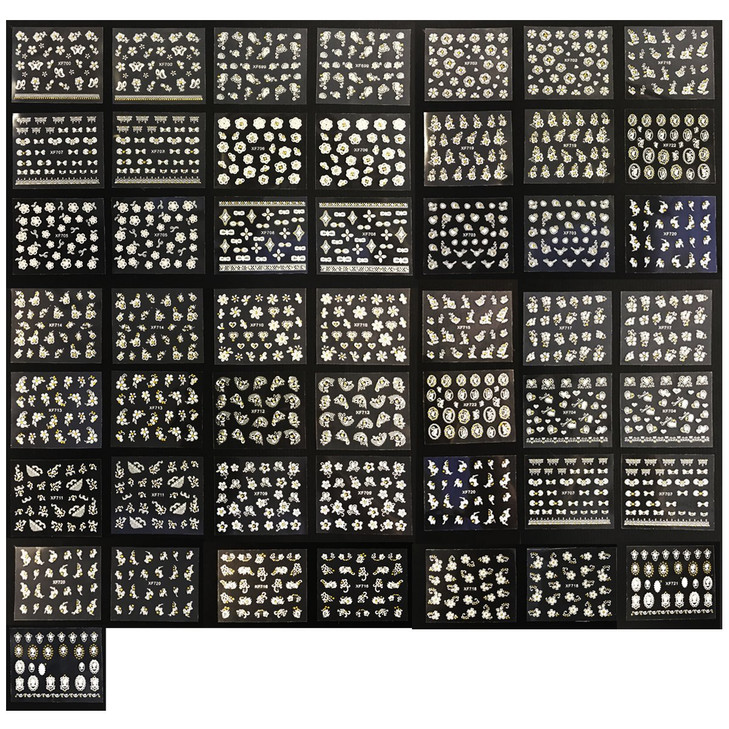 Wrapables A70194 A White With Gold Rhinestones Nail Art Stickers 3D Nail Decals 50 Sheets Flowers Bows And Butterflies Nail Art Stickers 50