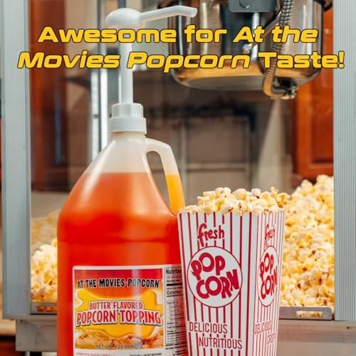 At The Movies Popcorn Buttery Flavor Popcorn Topping 1 Gallon Includes 1Oz Displacement Plastic Pump Movie Theater Butter Popcorn Oil Vegan