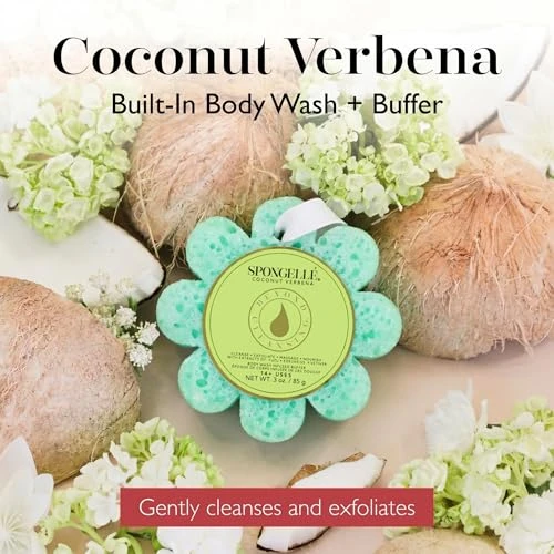 Spongellé Coconut Verbena Wild Flower Bath Sponge Built In Body Wash And Body Scrubber Shower Loofah Sponge For Women 14 Plus Uses