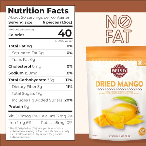 Wellsley Farms Dried Mango Slices Non Acidic Soft Chewy Dry Mango Fat Free And High In Vitamin C Good Source Of Fiber Dried Mango Snacks In