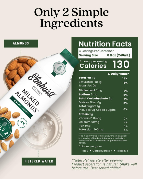 Elmhurst 1925 Unsweetened Almond Milk 32 Ounce Pack Of 6 Vegan