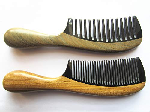 Myhsmooth Gbzbybmt Handmade No Static Black Buffalo Horn Comb With Rounded Green Sandalwood Handle Pack Of 2 Pcs Wide Tooth And Standard