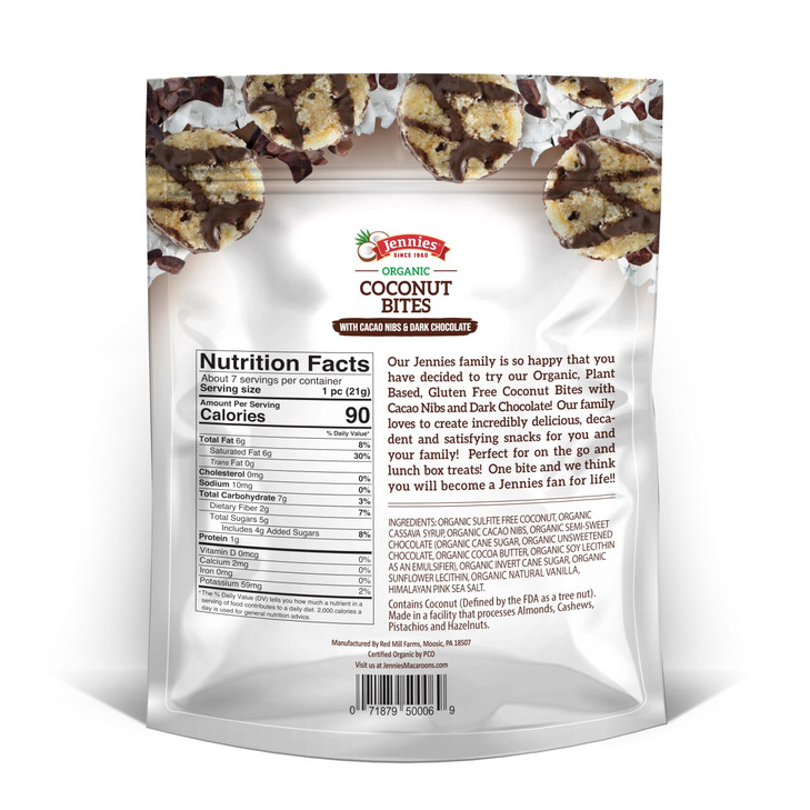 Jennies Organic Coconut Bites With Cacao Nibs And Dark Chocolate 5.25Oz 6 Pack Gluten Free Peanut Free Dairy Free Non Gmo