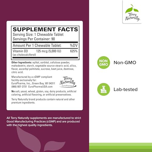 Terry Naturally Vitamin D3 - Bone Health & Bone Strength Supplement - Dietary Supplement for Immune System & Brain Support - 5,000 IU Vitamin D Table