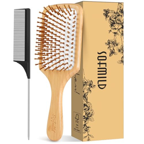 Sofmild Bamboo Hair Brush With Tail Comb Detangling Paddle Brush
