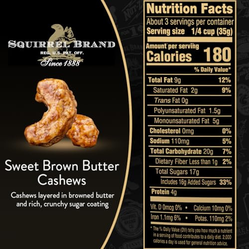 Squirrel Brand Sweet Brown Butter Cashews 3.5 Oz Resealable Bag