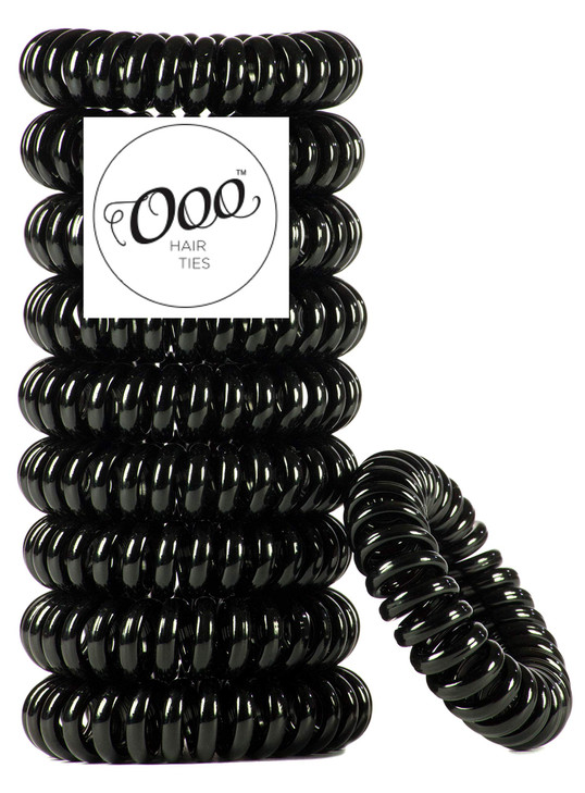 10 Pack Painless Patented Ooo Hair Ties. Ponytail Holder Spiral Coil Traceless Rubber Bands. Exercise Work And Everyday. Large Size Black