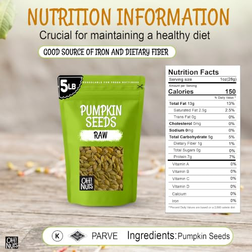 Oh Nuts Pepitas Raw Unsalted Pumpkin Seeds All Natural Protein Power Fresh Healthy Keto Snacks Resealable 5 Pound Bulk Bag Unshelled Pepitas
