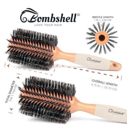 Bombshell Boar Bristle Round Brush Sustainable Styling Brush With Natural Wood Handle For Blow Outs And Curling