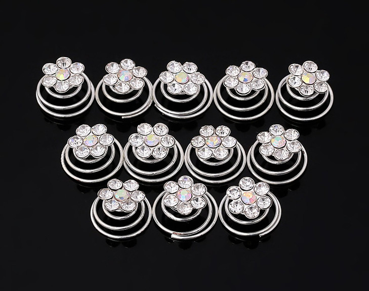 24Pcs Rhinestones Crystal Spirals Hair Pin Clip Imitation Pearl Spin Pin Swirl Hair Twists Coils Hairpin Bun Stick Pick C