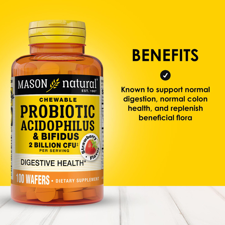MASON NATURAL Probiotic Acidophilus with Bifidus, 50 Day Supply, Supports Healthy Normal Digestion, Strawberry Flavor, 100 Chewable Wafers