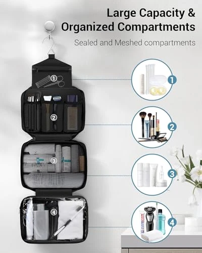 Maliton Toiletry Bag For Men And Women Travel Toiletry Bag Hanging Toiletry Bag Hygiene Organizer With 4 Compartments Waterproof Bathroom
