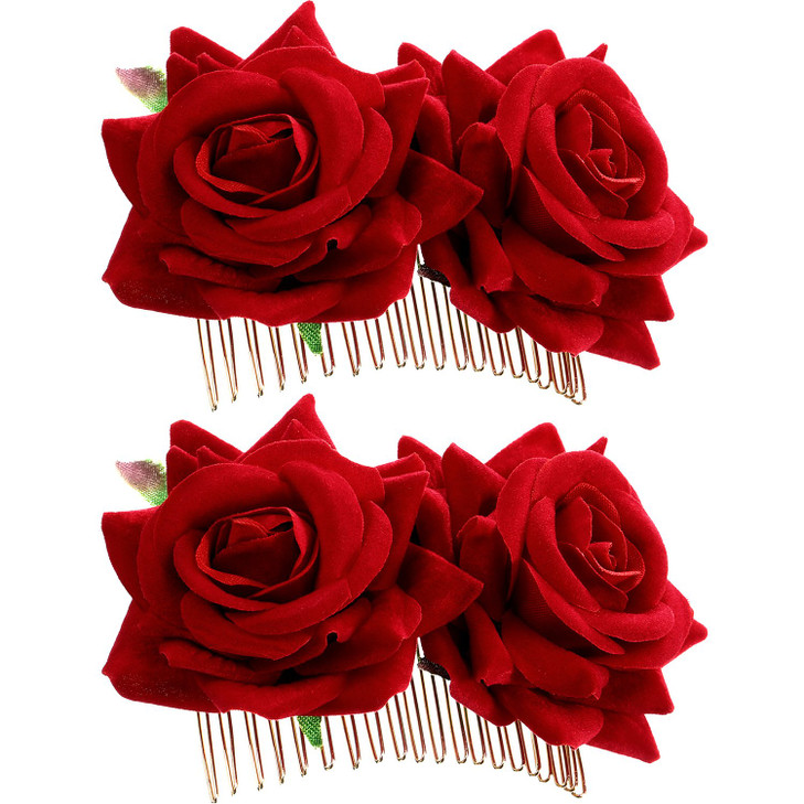 Bememo 2 Pack Women Red Rose Flower Hair Clips Flamenco Flower Side Combs