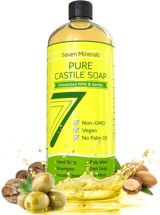 Seven Minerals Ewg Verified Castile Soap 33.8 Fl Oz No Palm Oil Gmo Free Unscented Mild And Gentle Liquid Soap For Sensitive Skin And Baby