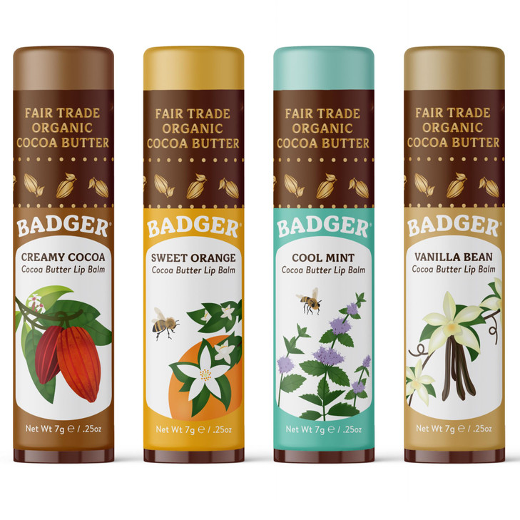 Badger Cocoa Butter Lip Balm Variety Pack Organic 4 Pack