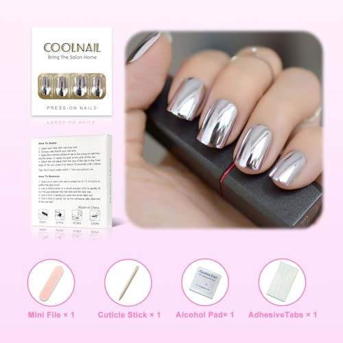 Coolnail Shiny Punk Style Metallic Light Purple False Fake Nails Metal Plating Acrylic Short Reflective Mirror Press On Nail Art Tips