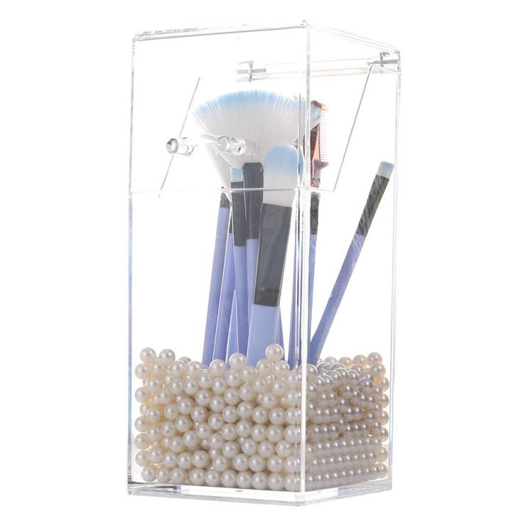 Sooyee Makeup Brush Holder Makeup Brush Organizer With 8Mm White Pearls Dustproof Makeup Brush Holder With Lid