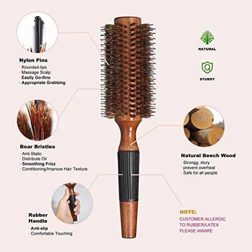Bestool Round Brush For Drying Boar Bristle Hair Brush Large Round Style Brush For Women And Men Smoothing Curling Adding Shine 2.5 Inch