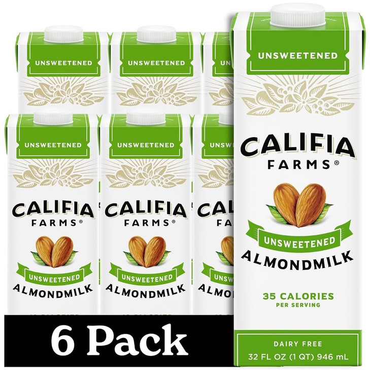 Califia Farms Unsweetened Almond Milk 32 Oz Pack Of 6 Dairy Free Vegan Plant Based Keto Food Shelf Stable Vegan Gluten Free Non Gmo Sugar