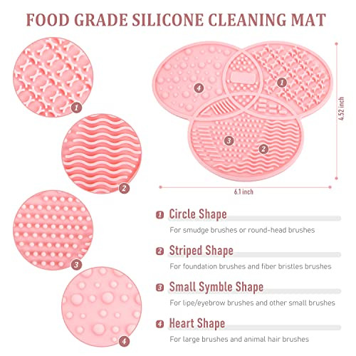 Diolan Makeup Brush Cleaning Mat And Drying Rack 28 Holes Brush Holder Silicone Rubber Clover Shaped Mat Cleaner Black And Pink