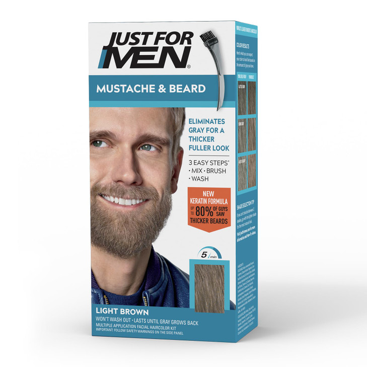 Just For Men Mustache & Beard, Beard Dye for Men with Brush Included, With Keratin Biotin Aloe and Coconut Oil for Healthy Facial Hair - Light Brown,