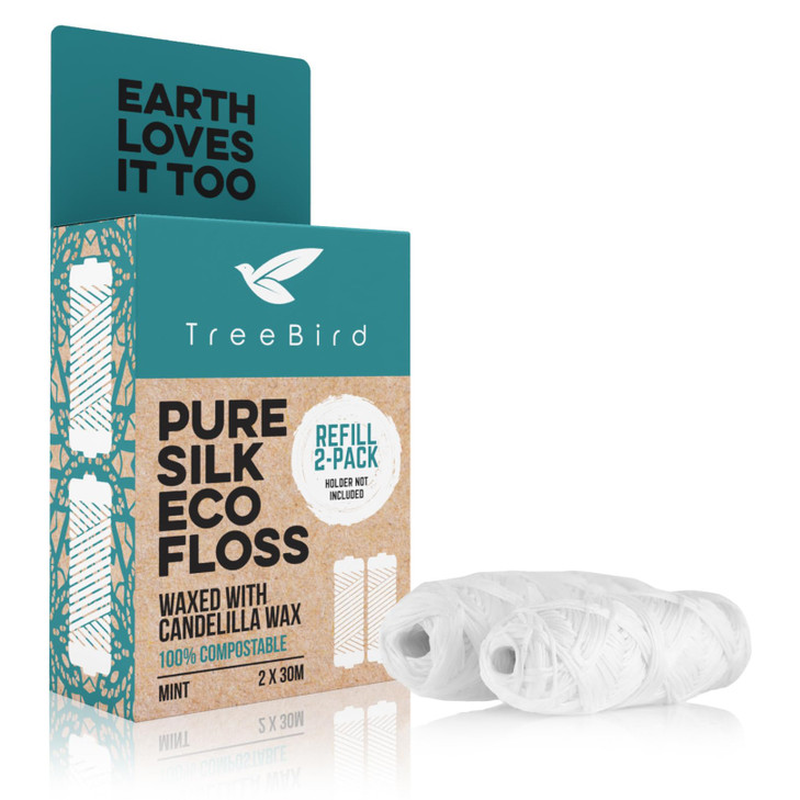 Treebird Pure Silk Eco Floss Refills Pack Of 2 X 33Yd Silk Dental Floss Spools Waxed With Candelilla Wax Mint