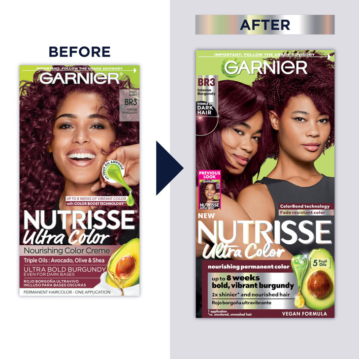 Garnier Hair Color Nutrisse Ultra Color Nourishing Creme, BR3 Intense Burgundy (Lotus Berry) Red Permanent Hair Dye, 1 Count (Packaging May Vary)