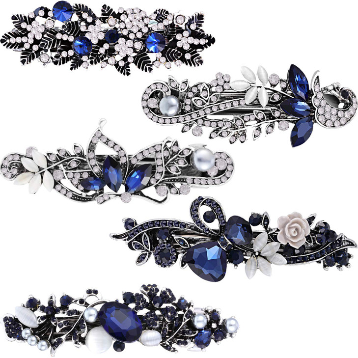 5 Pieces Crystal Rhinestones Hair Barrettes Large Flower Butterfly Pearl French Vintage Clip Wedding Navy Hair Jewelry For Thick Long Hair