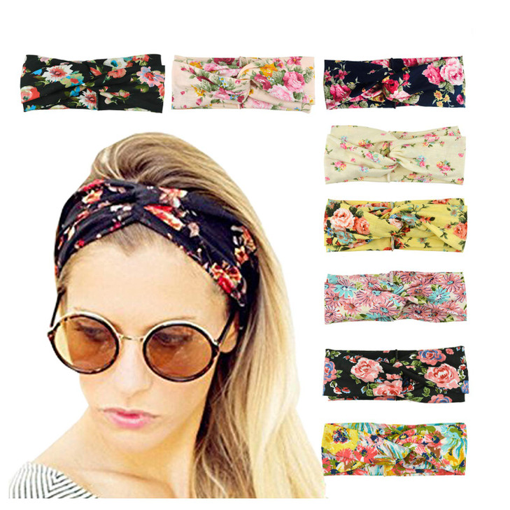 Dreshow 8 Pack Women Headband Boho Floal Style Criss Cross Head Wrap Elastic Hair Accessories