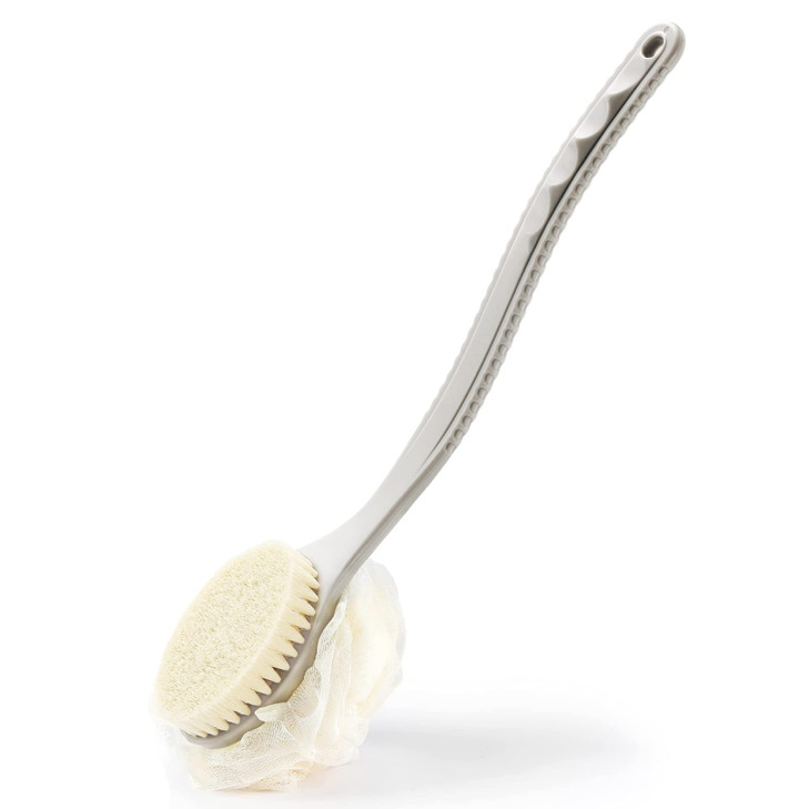 Shower Body Brush Bristles And Mesh Loofah Sponge Curved Handle Back Scrubber