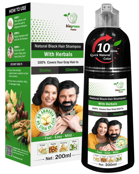 Biogreen Roots With Herbal Hair Dye Shampoo Natural Black 200 Ml