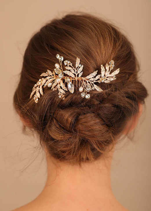 Denifery Vintage Wedding Headpiece Gold Rhinestone Pearls Flower And Leaf Crystal Hair Comb For Women Bridal Hair Accessories