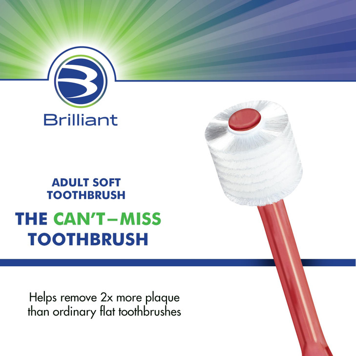 Brilliant Oral Care Adult Toothbrush with Soft Bristles, Round Head, and All-Around Clean for Teeth and Gums, Red, 1 Pack