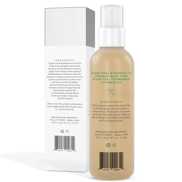 Applebiotic Apple Cider Vinegar Face Wash Exfoliating Face Wash Hydrating Gel Foaming Facial Cleanser Fragrance Free 6Oz