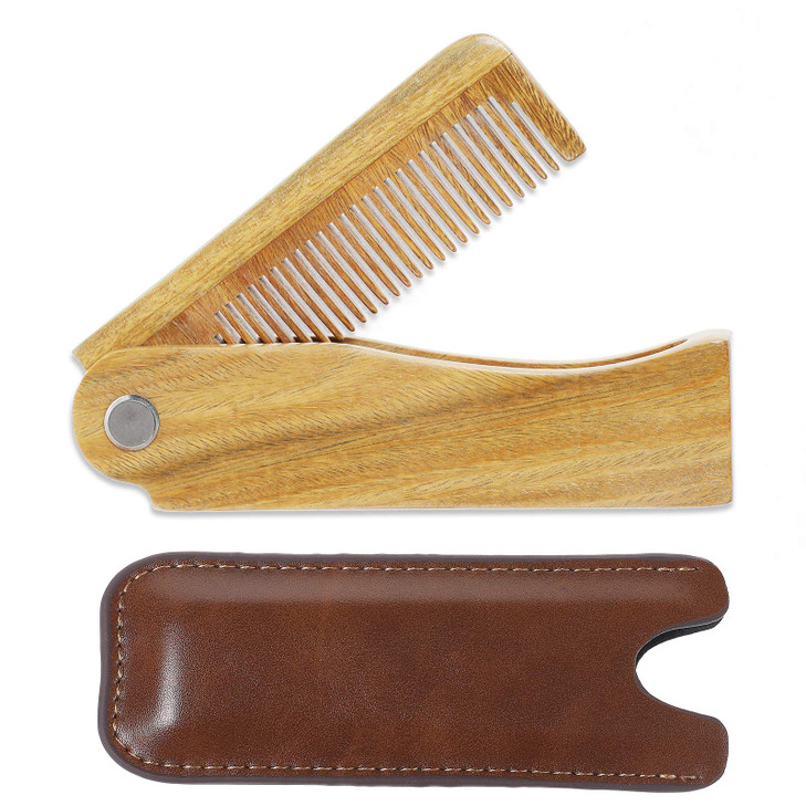 Onedor Handmade 100 Percent Natural Green Sandalwood Fine Tooth Wooden Comb For Men Hair Beard And Mustache Styling Pocket Comb With Leather