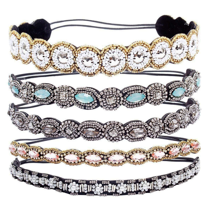 Rhinestone Beaded Elastic Headband 5 Pcs Fashionable Style Crystal Beaded Hair Ties Handmade Jewely Headband For Women Girls Lady