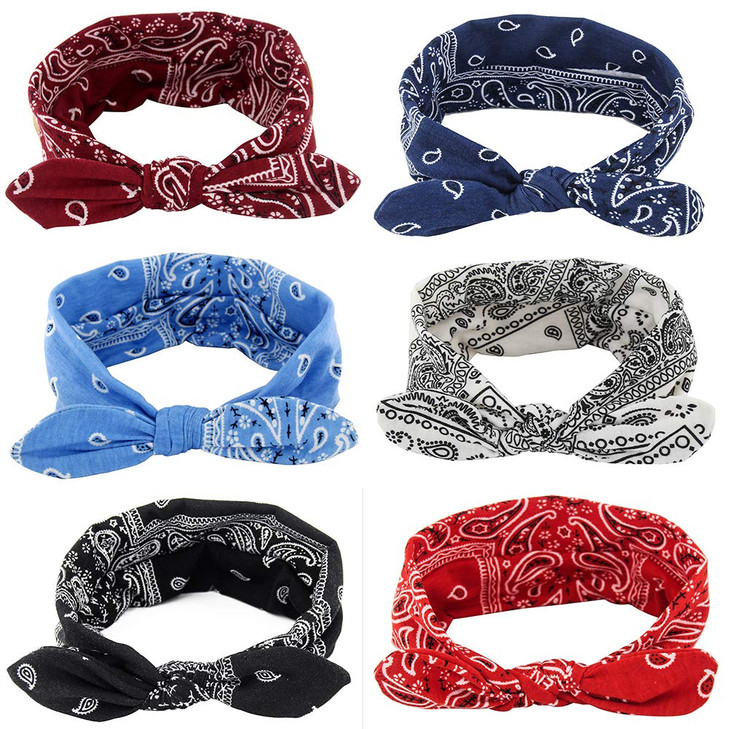 Yeshan Boho Bow Headbands For Women Vintage Paisley Bandana Flower Printed Hairband Elastic Rabbit Ear Head Wrap Cute Hair Accessories Pack