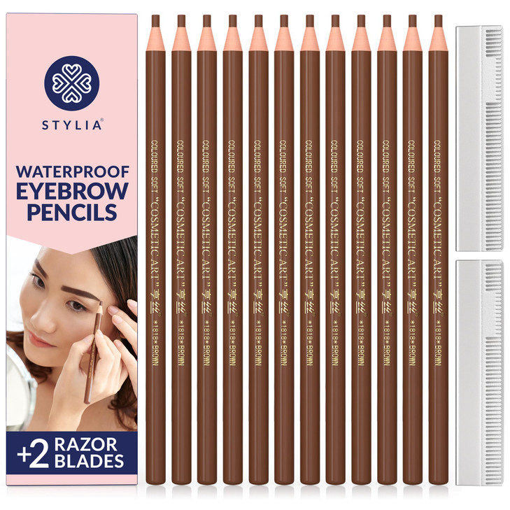 Stylia Eyebrow Pencil Microblading Brow Pencil Set 12Pc Light Brown